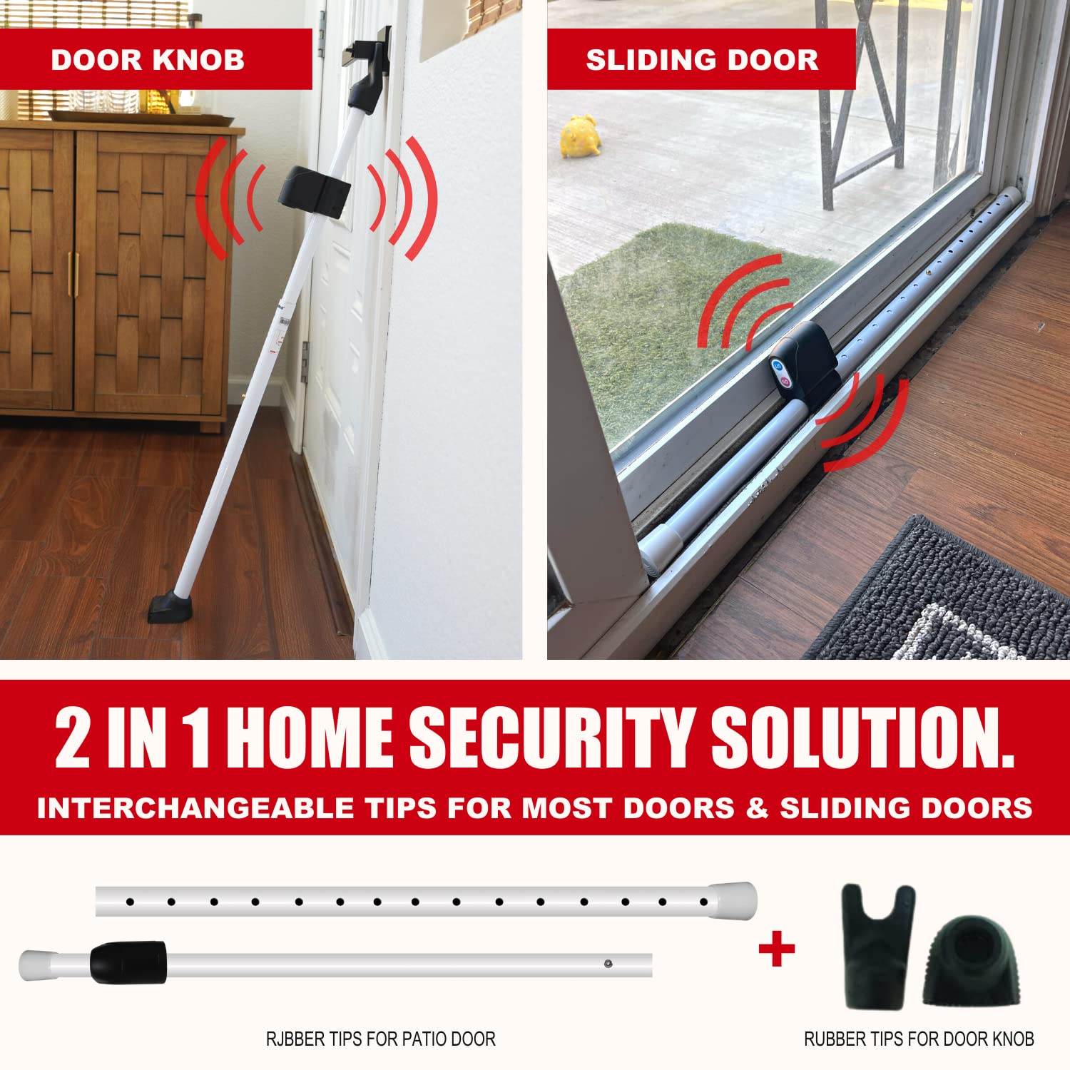 SECURITYMAN Barra de seguridad 2 en 1 para puerta con alarma y tope de puerta corrediza con sirena de 120 db, hierro resistente nominal para 400 libras (protege contra arañazos) nuevo modelo para una