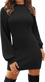 Zeagoo Women's Knitted Elegant Winter Dresses Lantern Sleeves Plain Turtleneck Bodycon Mini Dress Sweater Dress