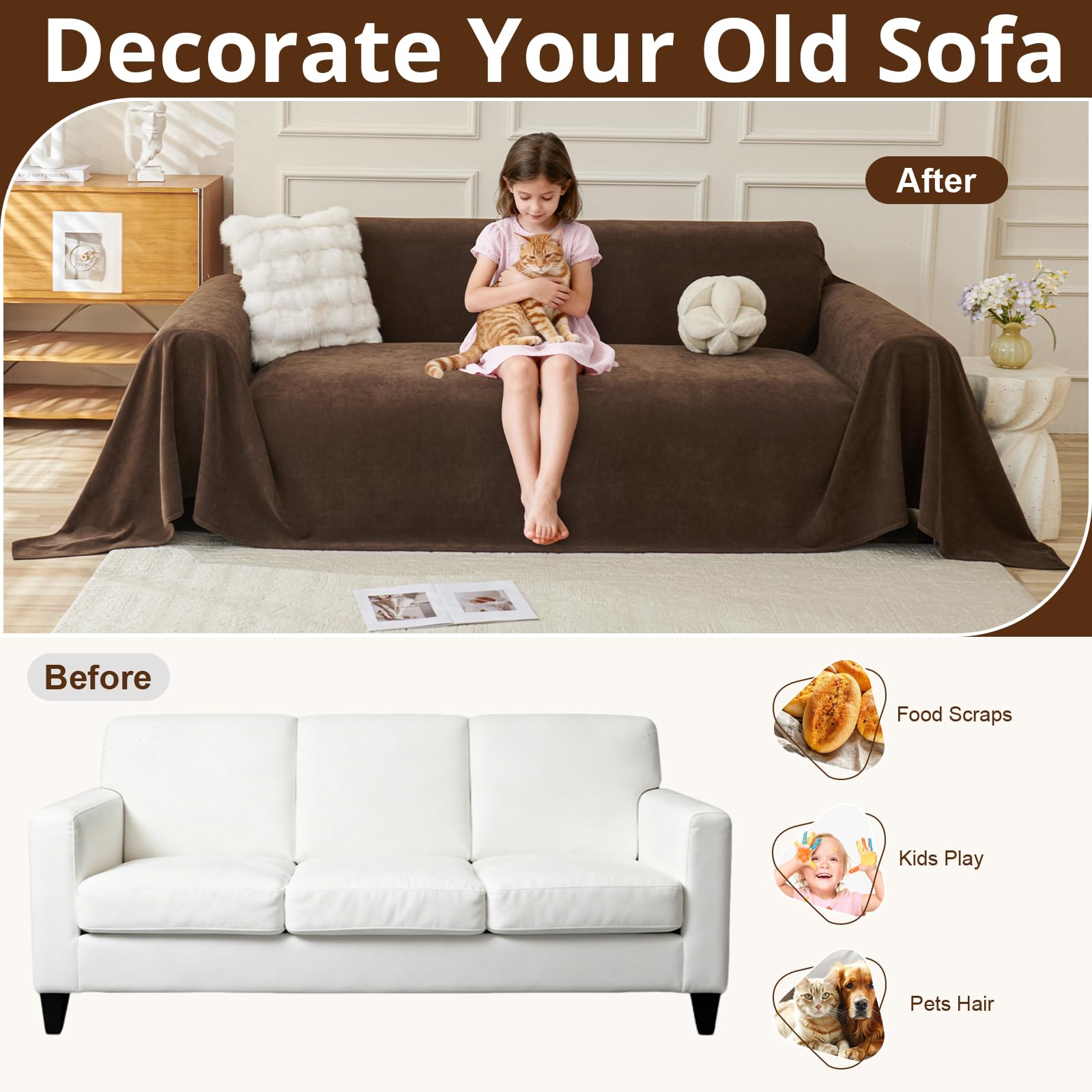 Royhom Sofa Überzug, Chenille Couch Überzug Ecksofa, Sofabezug L Form, Sofa Schutzdecke, Sofahusse mit Armlehne, Sofaüberwurf Decke Weich und Bequem, Brown, 340x180 cm