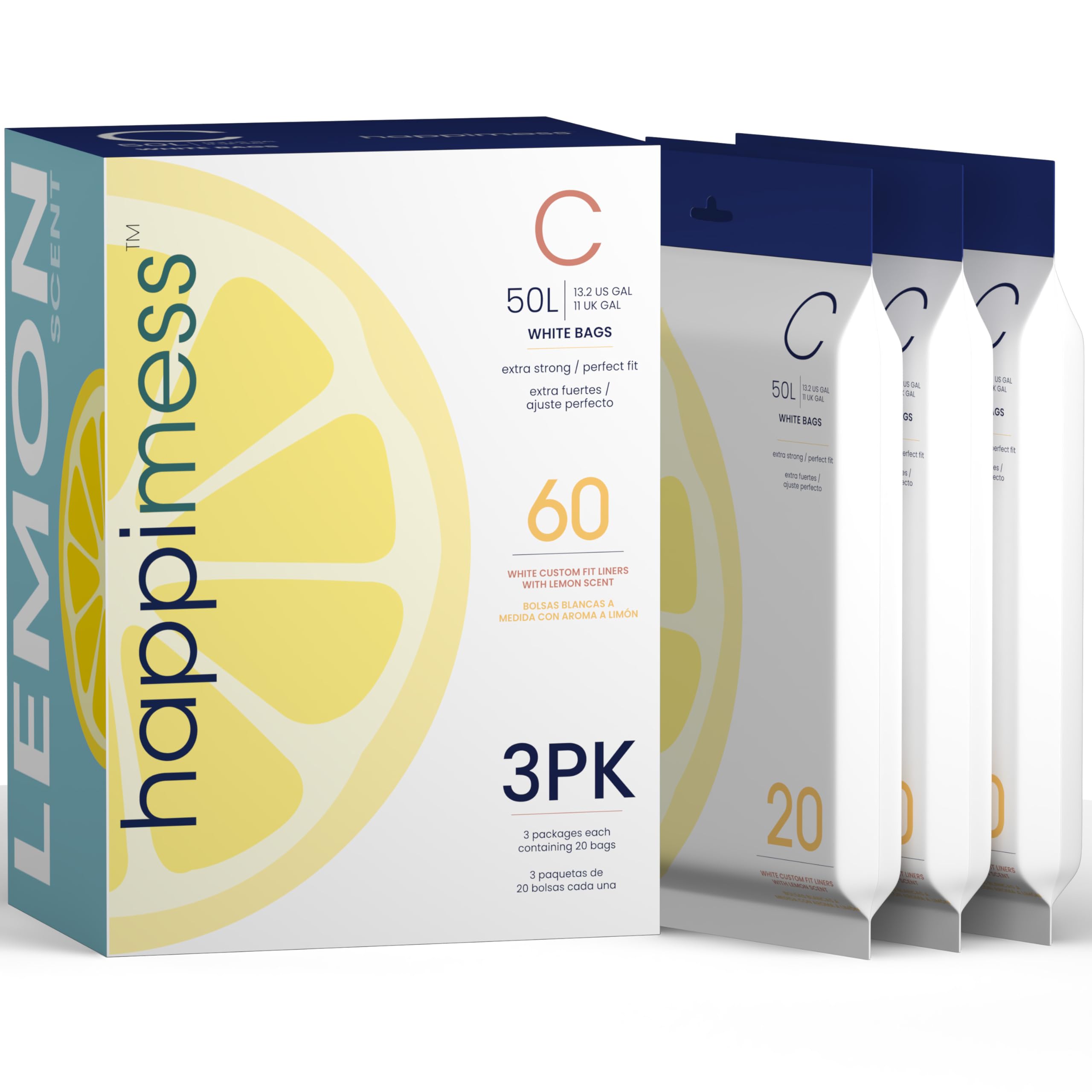 Douglas 20-Count Lemon 13.2 Gal Trash Bags by happimess – 60 Count (Pack of 1), 13.2 gallons, Medium Density Polyethylene, White (Lemon Scented), Model HPM3100C-WHITE