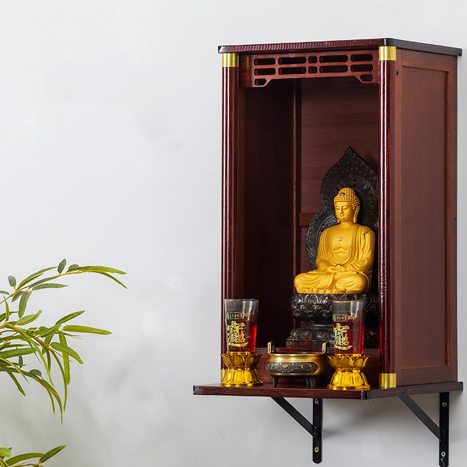 Estante De Altar Pared O De Sobremesa - Altar De Meditación Soporte Oración De Bambú Artesanal para Estatua Buda, Quemador Incienso Y Decoración Espiritual(35CM/13.77")