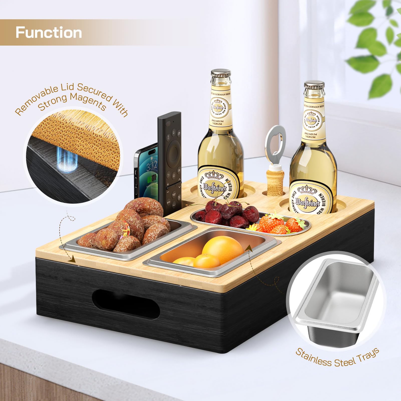 Snack Box Per Divano In Legno - 3 Vassoi Acciaio Inox, Portabicchieri E Portaoggetti - Foto 8