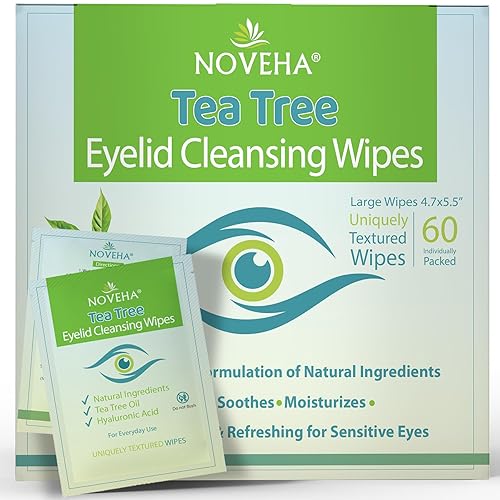 NOVEHA 60PCs Tea Tree Oil Eyelid & Lash Wipes | With Hyaluronic Acid, Green Tea & Chamomile For Blepharitis, Itchy & Stye Eyes, Individually Wrapped, Natural Eyelash Makeup Remover & Daily Cleanser - 1 Pack