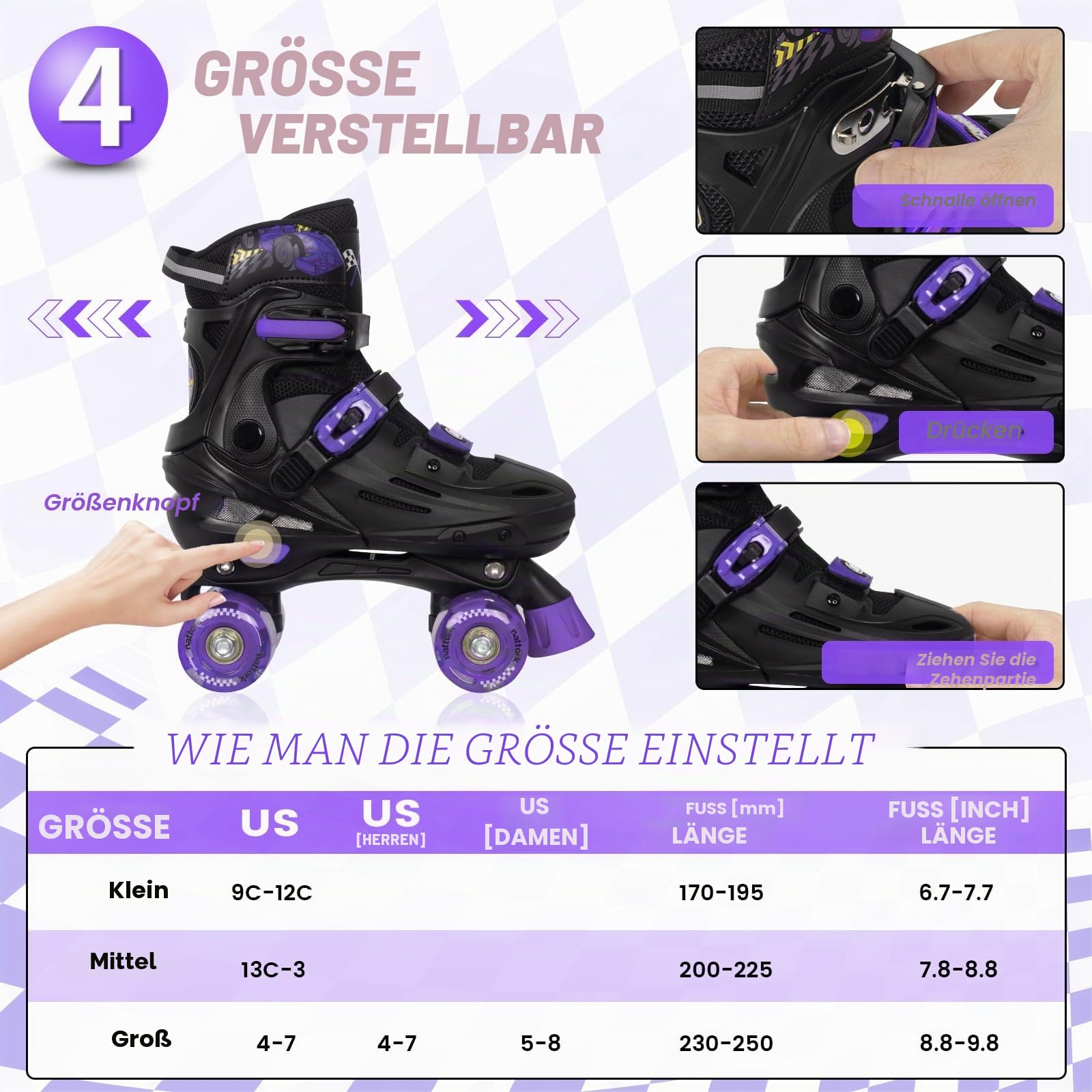 Nattork Rollschuhe Kinder, Verstellbare Rollschuhe für Kinder Jungen Mädchen, 4 Größen Verstellbar und LED Rollschuhe, Rennwagen Roller Skates Geschenkidee für Geburtstage