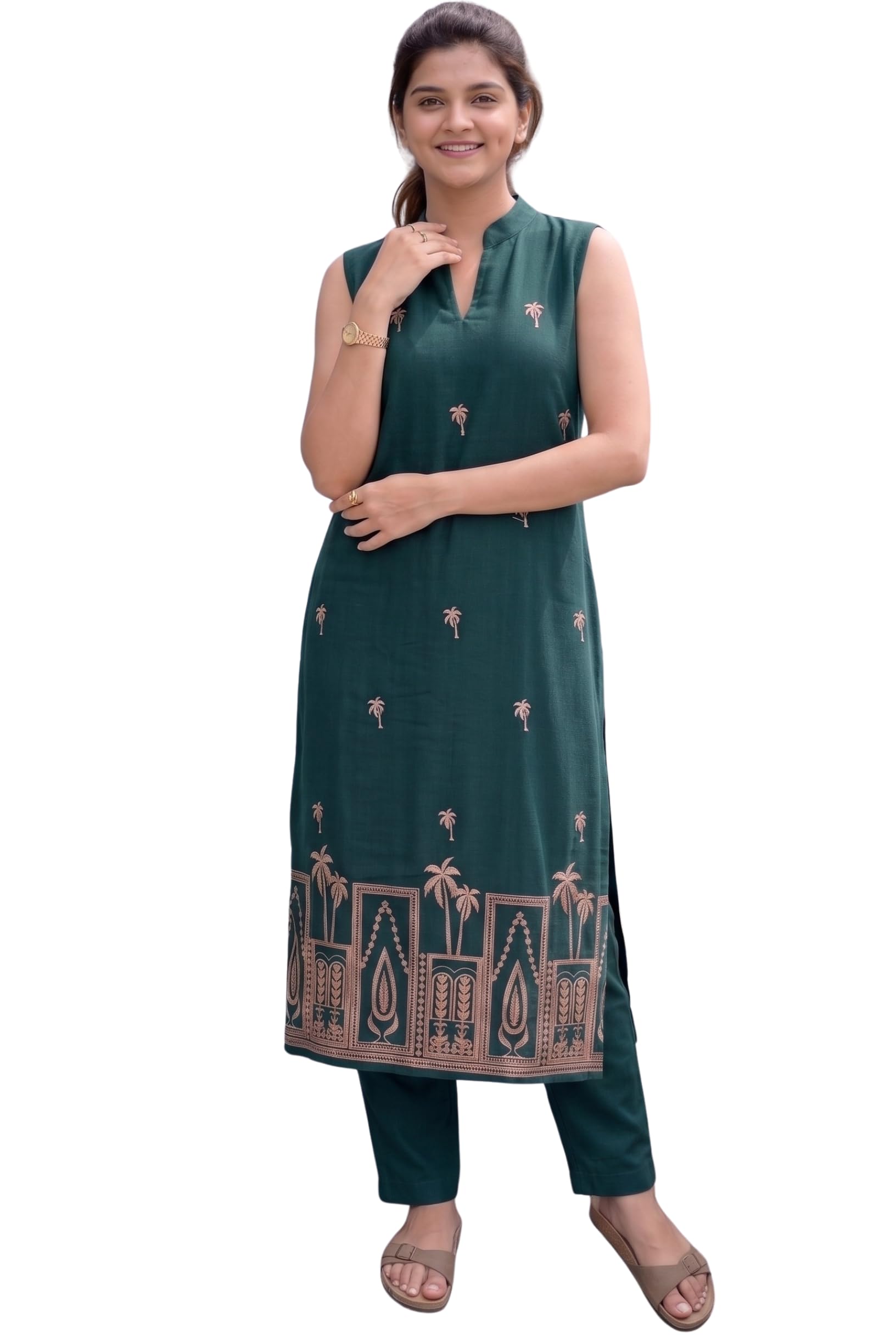 sundarta Women's Elegant Black Rayon Embroidered Sleeveless Straight Kurta with Pant Set | Trendy Ethnic Casual & Office Wear-picture-46