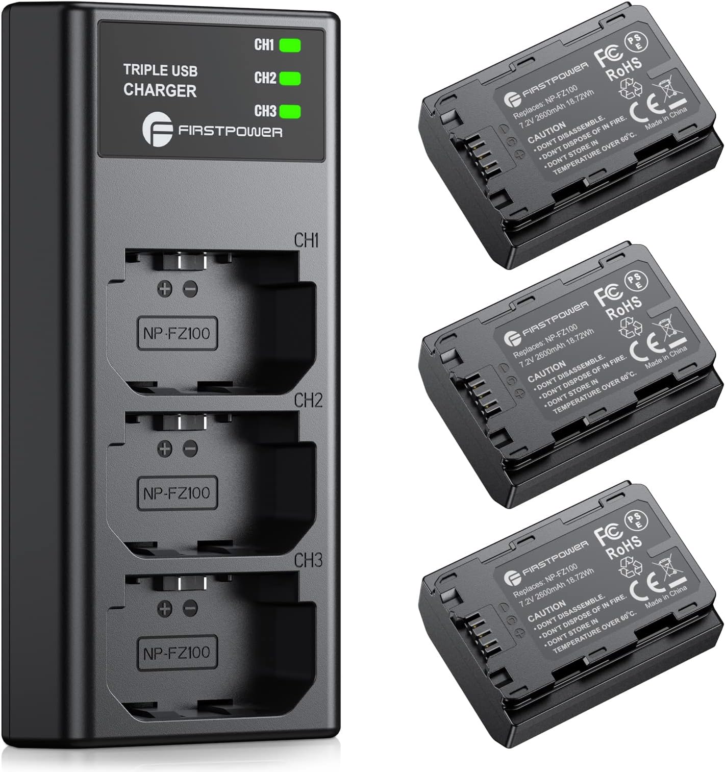 FirstPower NP-FZ100 Battery 3-Pack and Triple Slot Charger for Sony FX3, FX30, A7 III, A7 IV, A7C, A7CR, A9, A6600, A6700, ZV-E1, ZV-E10 II, A7R3, A7S III/A7S3, A7R III, A7R IV, A7R V Camera
