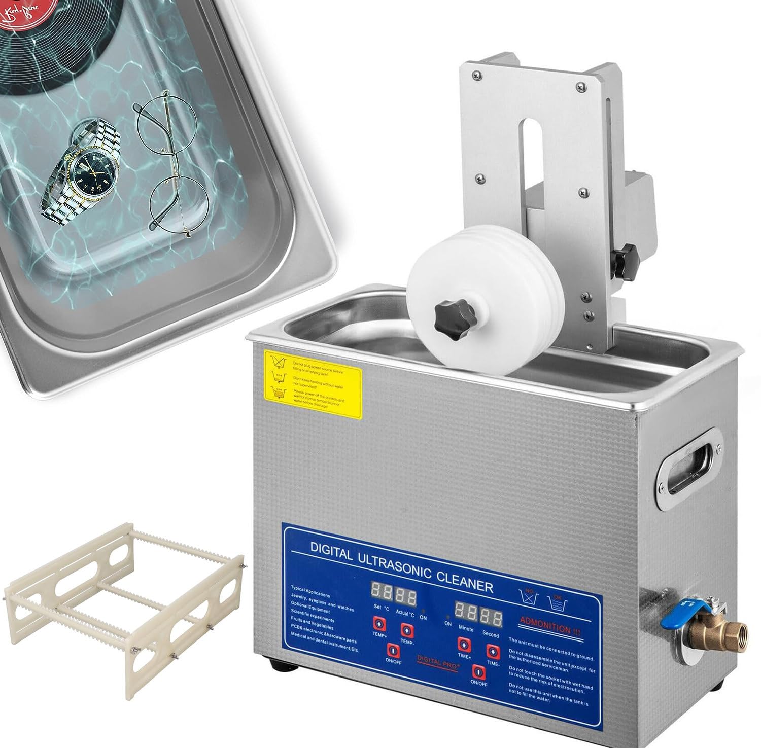 Ultrasonic Vinyl Record Cleaner, 6.5L Portable Sound Wave Cavitation Machine with Digital Timer and Heater, Adjustable Temperature/304 Stainless Steel, for Jewelry Watch Retainer Glasses Denture