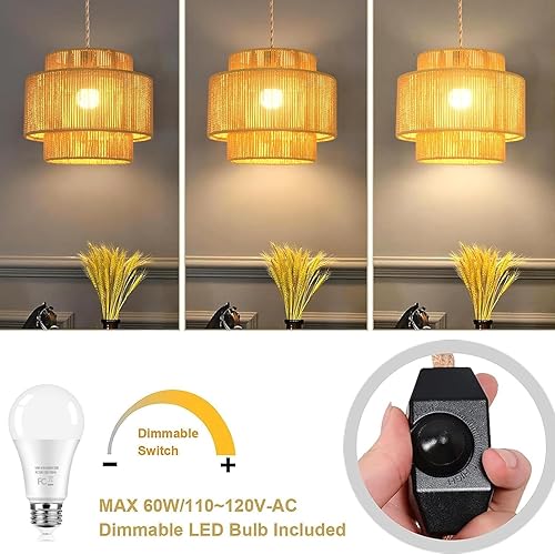 Miniatura 2 de Lámpara colgante de ratán para enchufar, con cable de enchufe, lámpara colgante de bambú regulable, tejida a mano estilo bohemio, pantalla de