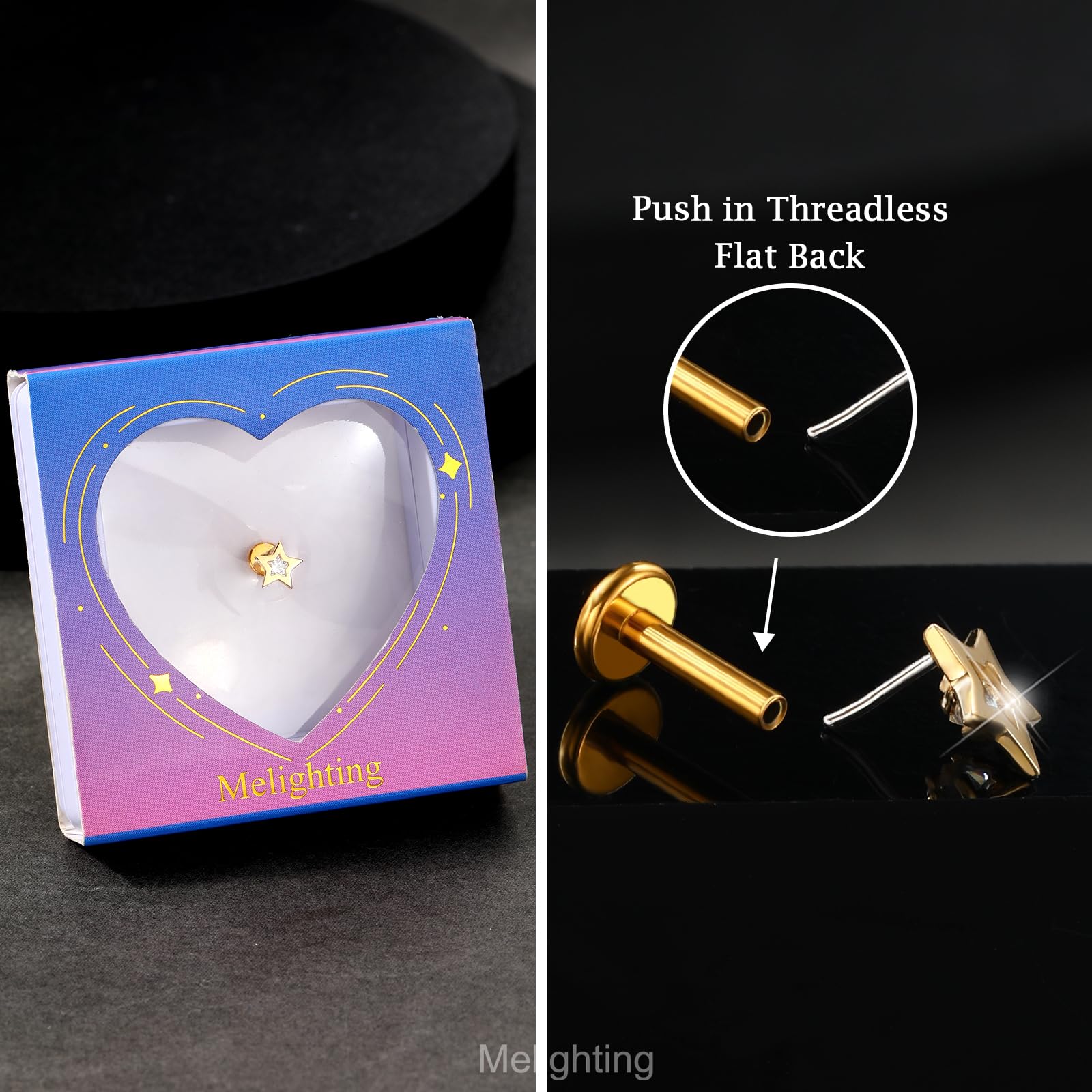 Melighting Pendientes de cartílago sin rosca, oro amarillo de 14 quilates, aretes de hélice, aretes de estrella con parte trasera plana, 16 g, aretes de tragus, joyería de 8 mm, 16G 8mm, Titanio Oro
