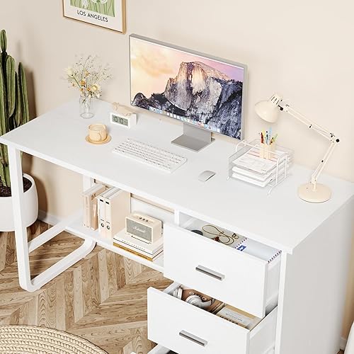Escritorio blanco con 3 cajones, escritorio de computadora de 47 pulgadas con cajones para dormitorio, escritorio pequeño de oficina en casa con