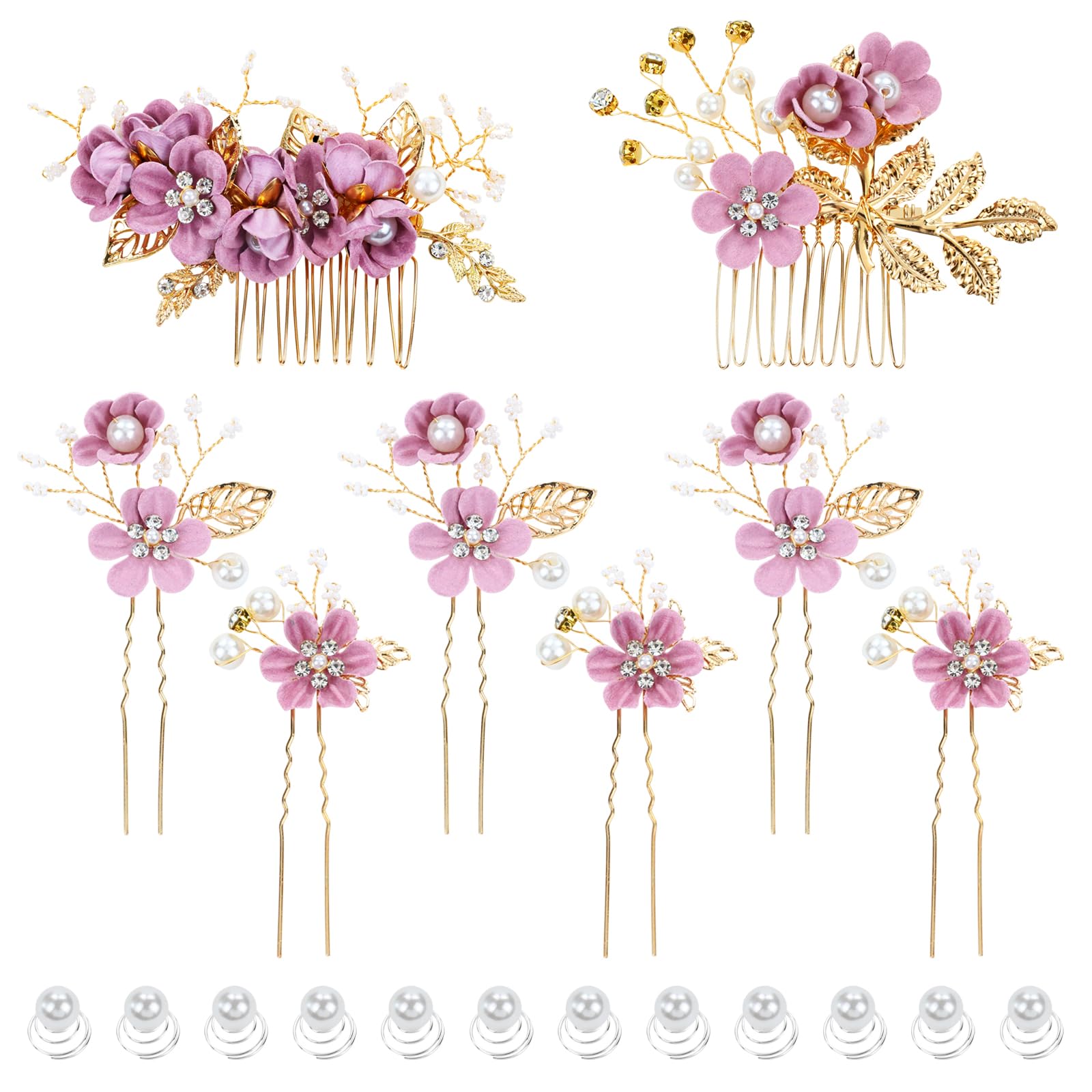 inSowni 20 Pack Classic White Dusty Pink Blue Flower Bridal Wedding Hair Side Combs+U-shaped Flower Hair Pins+Twist Spiral Pearl Hair Pins Pieces