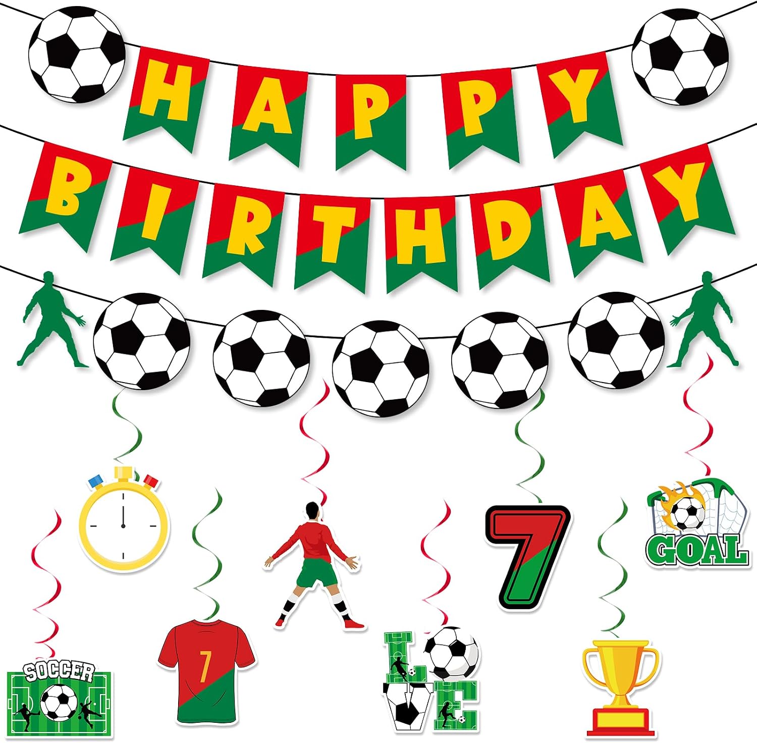 19 Pcs Soccer Party Decorations Soccer Theme Spiral Swirls Set Sport Star Hanging Swirl Cards Red Green Happy Birthday String Flags Sports Theme Backdrop Pennant for Team Celebration Birthday Supplies