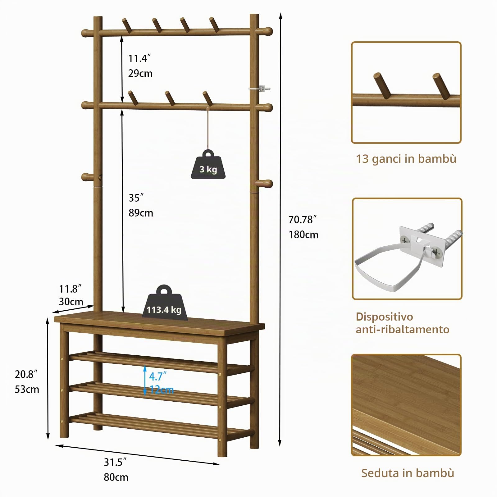 Appendiabiti in bambù con scarpiera e 13 ganci, autoportante, 6 in 1, con divano e scarpiera, per corridoio, lavanderia o camera da letto, noce