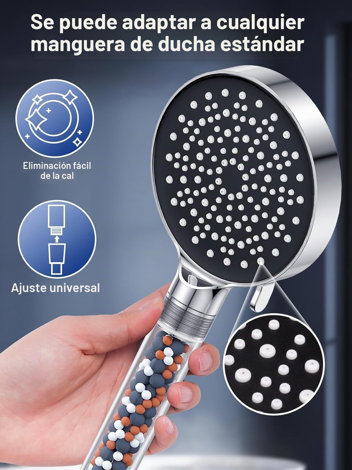 YEAUPE - Alcachofa de ducha de alta presión con filtro, ahorro de agua de mano, 6 modos de pulverización ajustables, cabezales de ducha de lluvia con boquillas de silicona antical para agua dura
