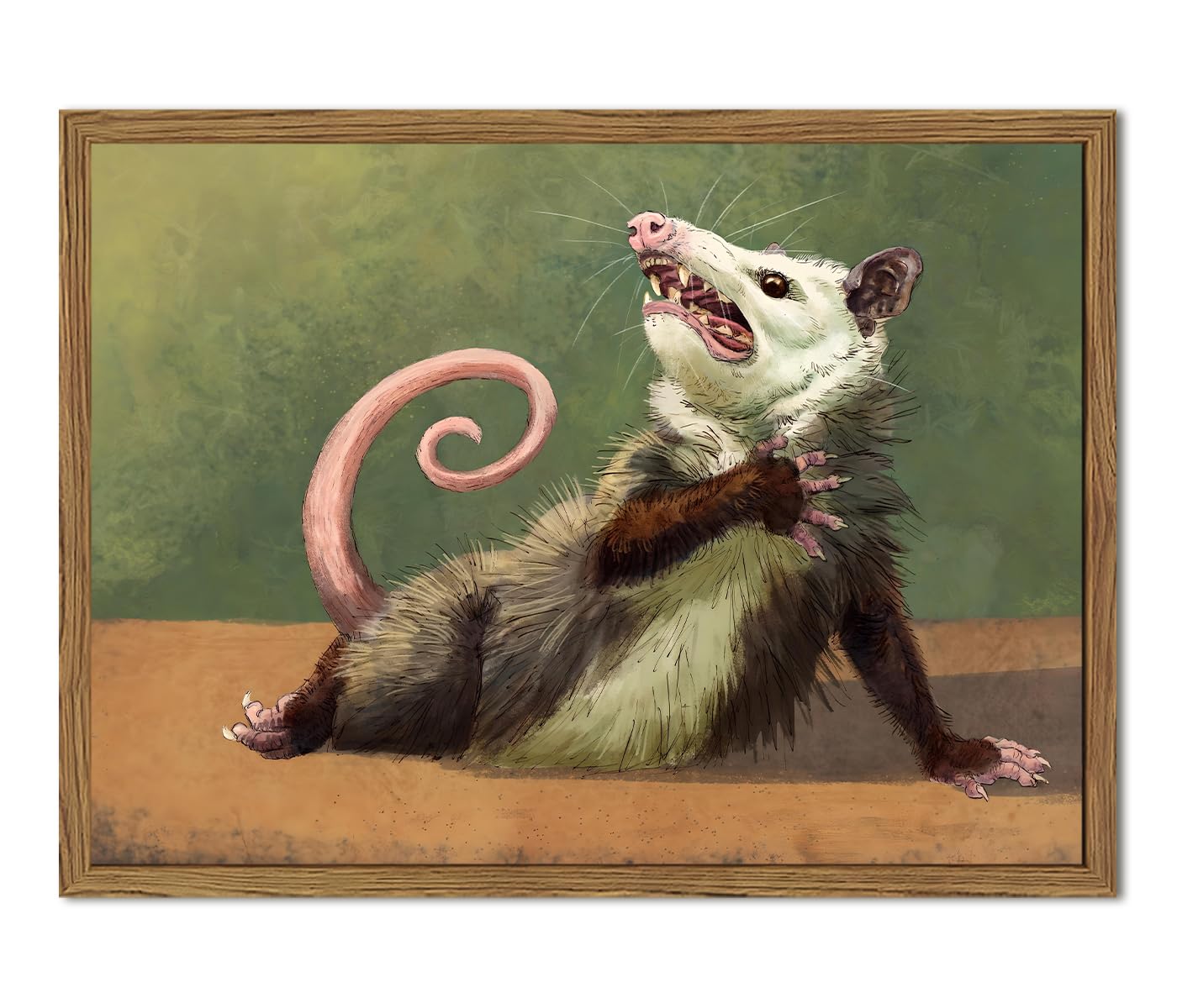 Funny Opossum Wall Art, Whimsical Possum Wall Decor Painting Cute Animal Poster Canvas Prints Picture for Bedroom Living Room 12x16 inch Wood Framed