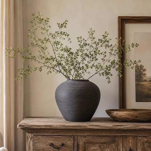 Rustic Black Ceramic Vase with Textured Finish, Large Round Terracotta Vases for Farmhouse Home Decoration, Wide Mouth Vintage Pottery Vases for Living Room, Kitchen, Table Centerpieces