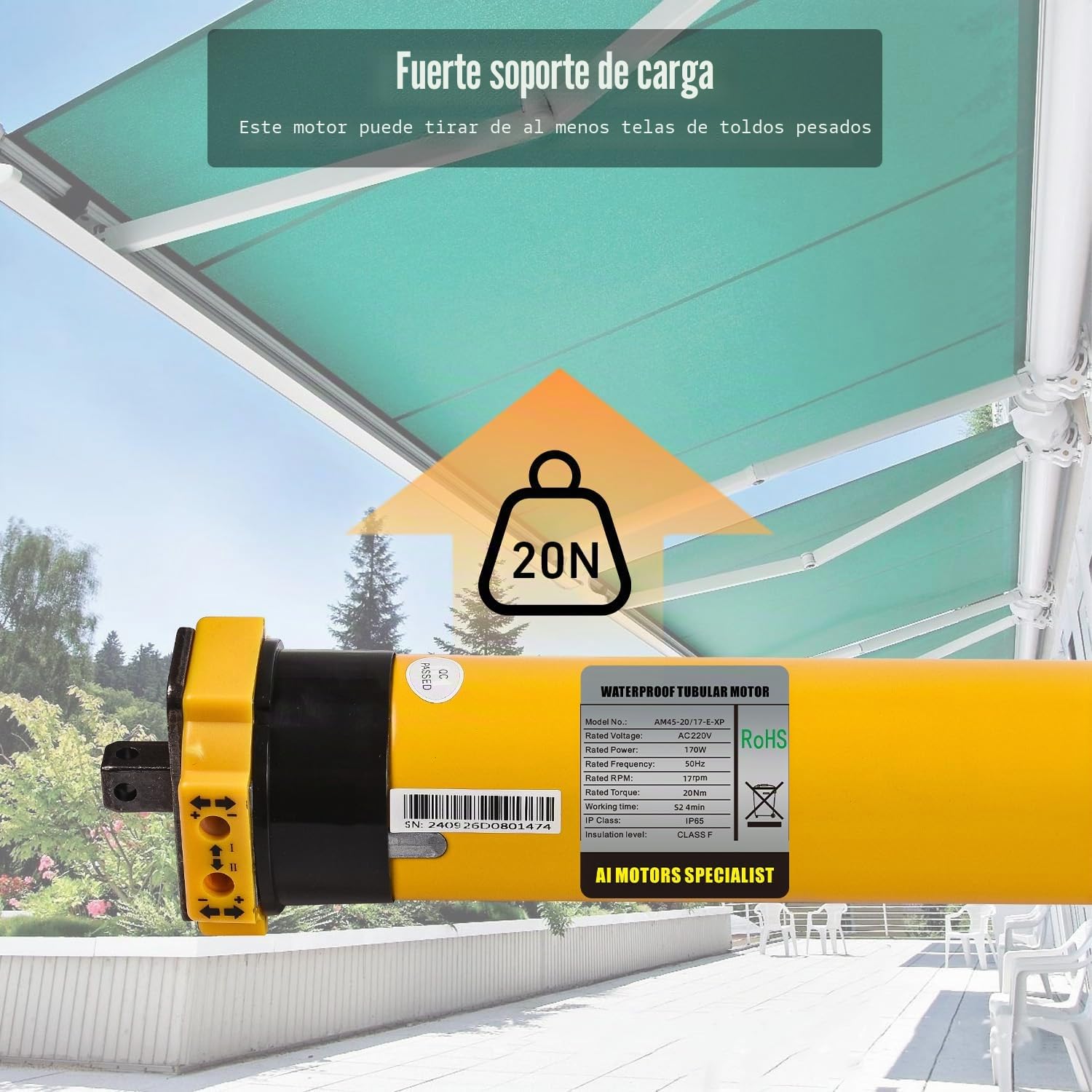 AM45-20/17-E-XP Motor impermeable para toldos motor tubular 230 V para toldos exteriores - Impermeable y homologado UL