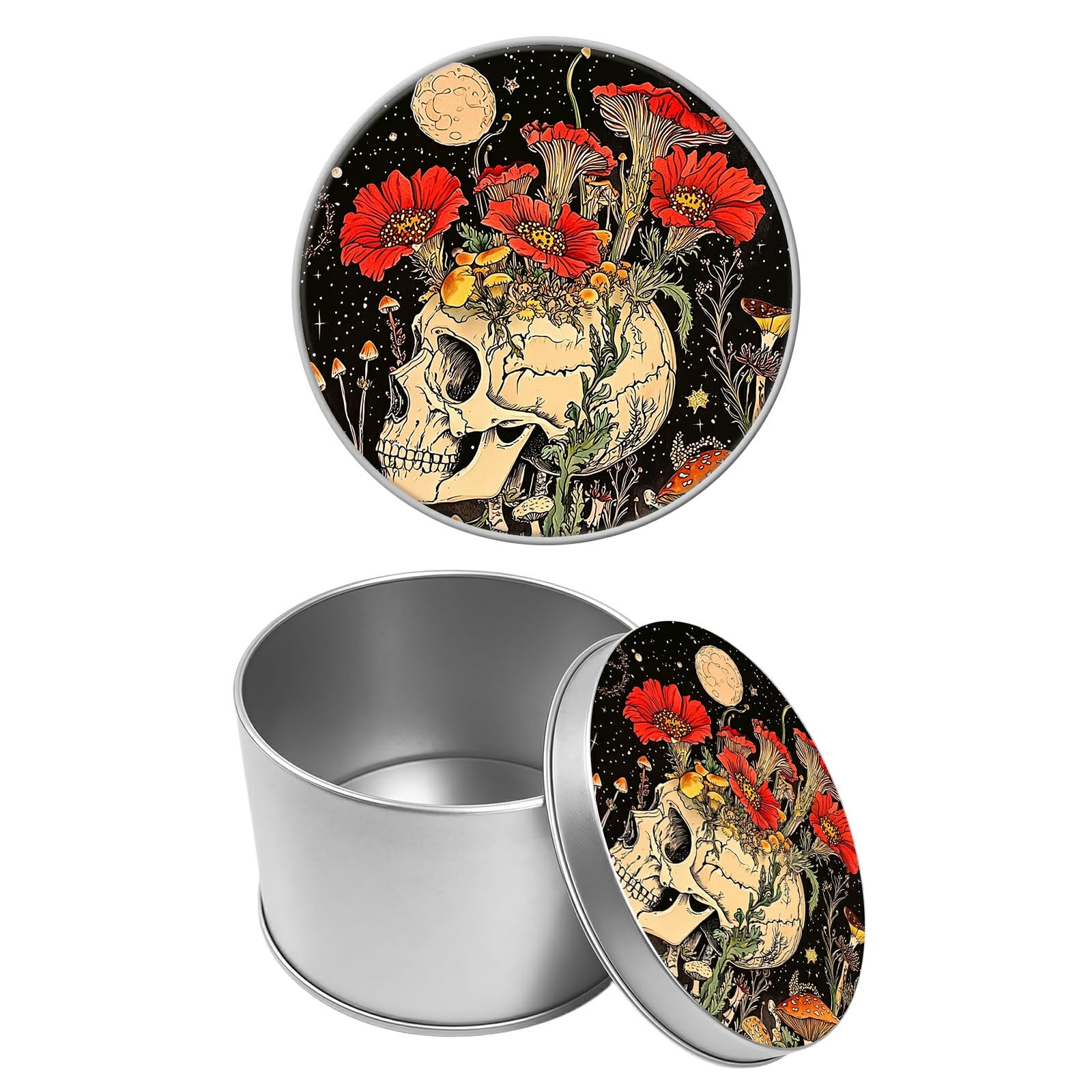 Round Metal Tin Container with Removable Lid, Mushroom Skull Durable Metal Storage Box for Cookies Spices Tea Candies Cakes Jewelry Cosmetics 3.54 x 2.36 inch– Single Pack