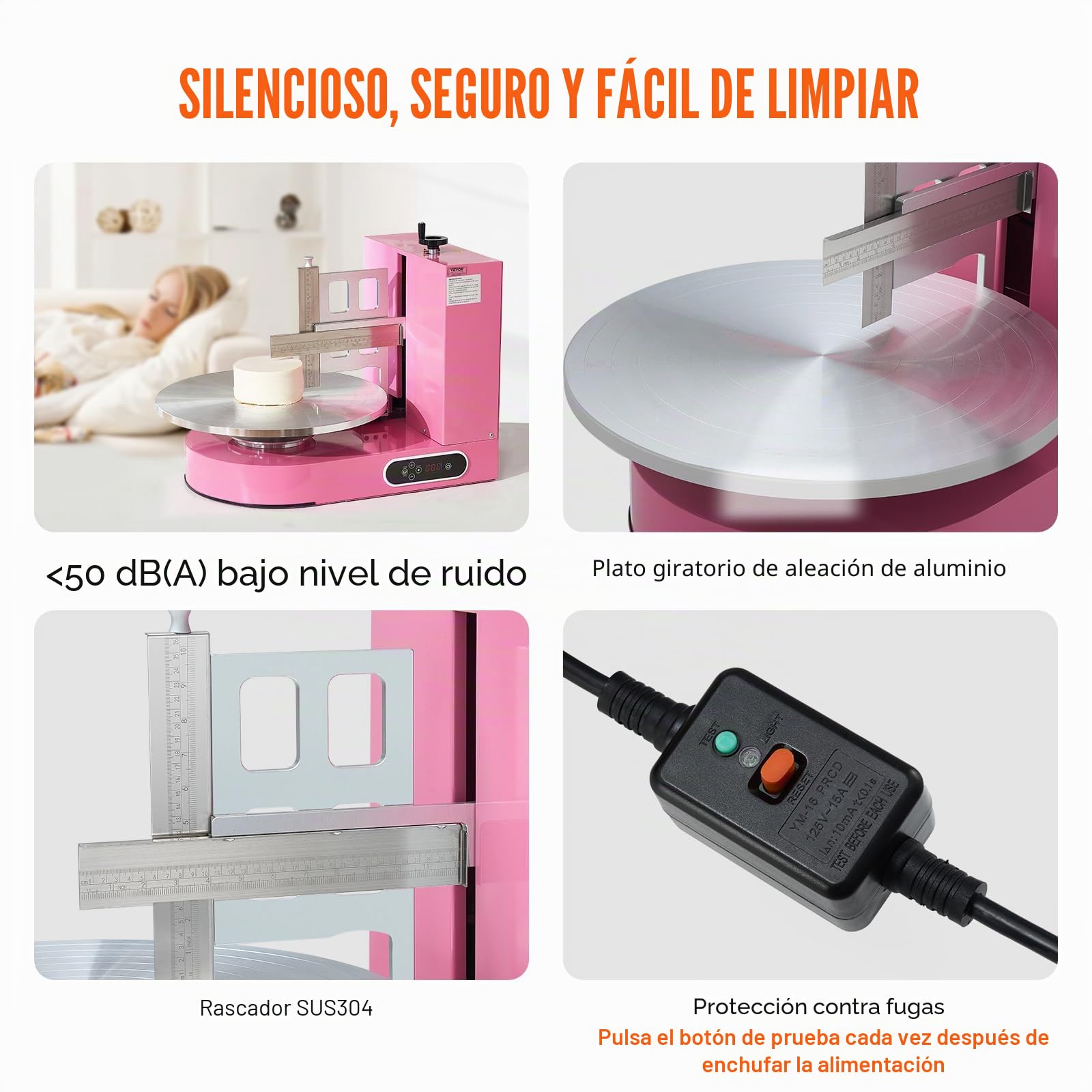 VEVOR Máquina para Decorar Pasteles, para Untar y Cubrir Crema para Pasteles, Bajo Ruido, Plato Giratorio con Raspador Ajustable, Velocidad de Rotación de 25-320 RPM, Rosa, 700 x 500 x 550 mm