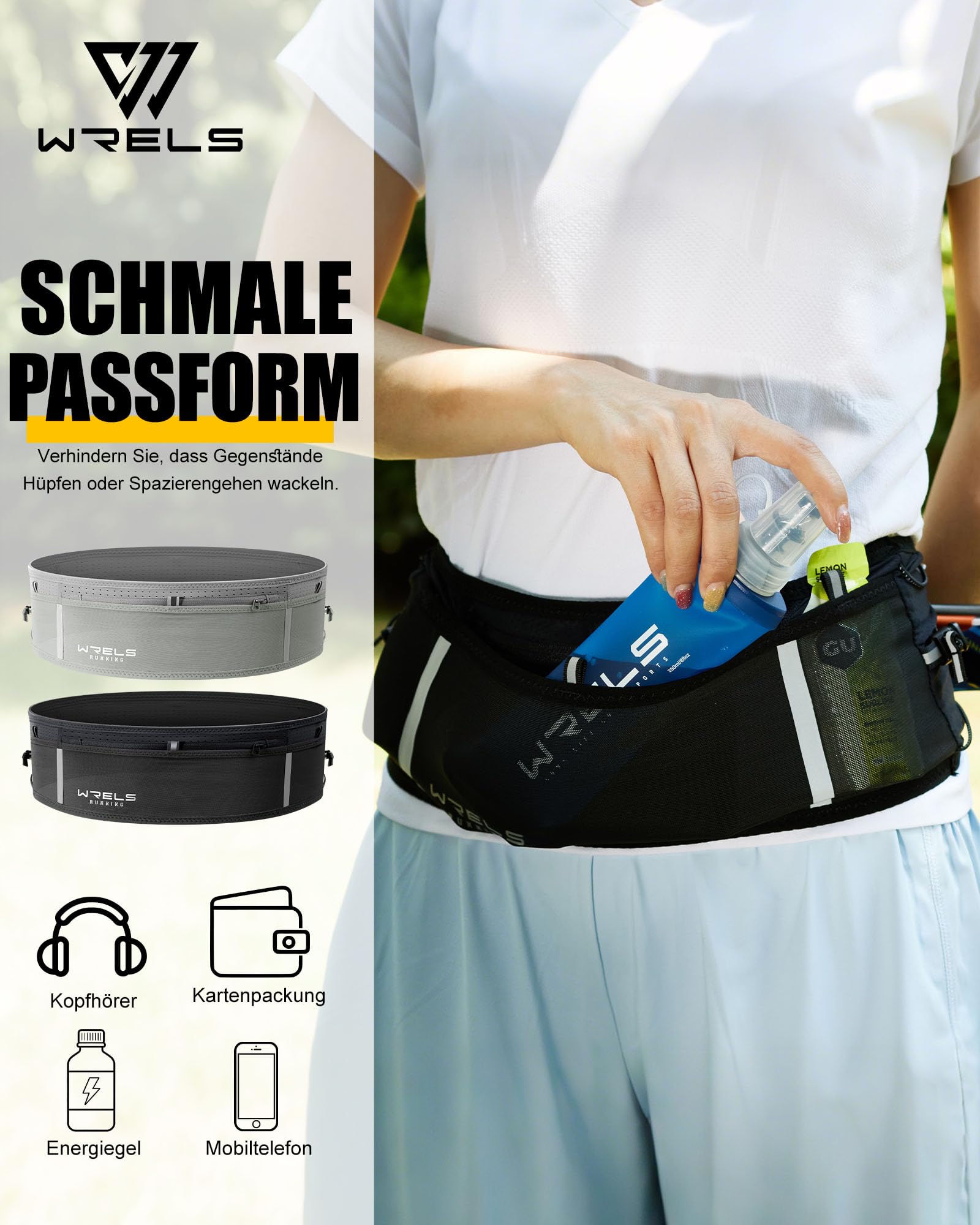 WRELS Ultraleichter Laufgürtel mit 250-ml-Softflasche für Damen und Herren, Feuchtigkeitsableitender Lauftasche Laufgurt mit Handytasche für Joggen, Marathon und Fitness