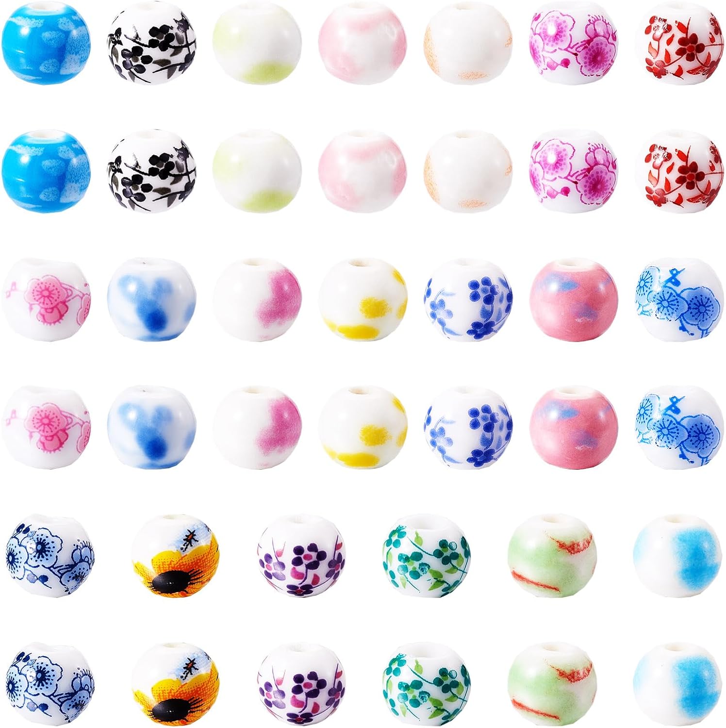 Craftdady 160pcs Porcelain Beads Round Handmade Printed Flower Loose Spacer Beads Cute Bracelet Beads Colorful Ball Beads 8-10 mm for DIY Craft Earring Necklace Jewelry Making - Image 8