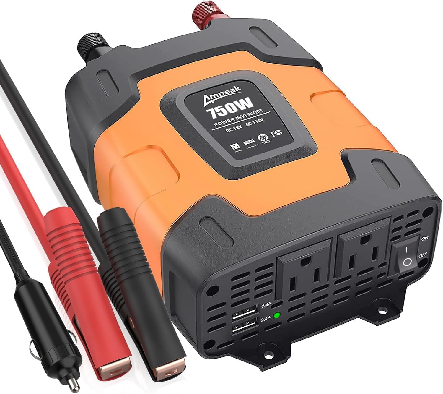 750W Power Inverter 4.8A Dual USB Ports 2 AC Outlets Car Inverter DC 12V to AC 110V 11 Protections for Appliances