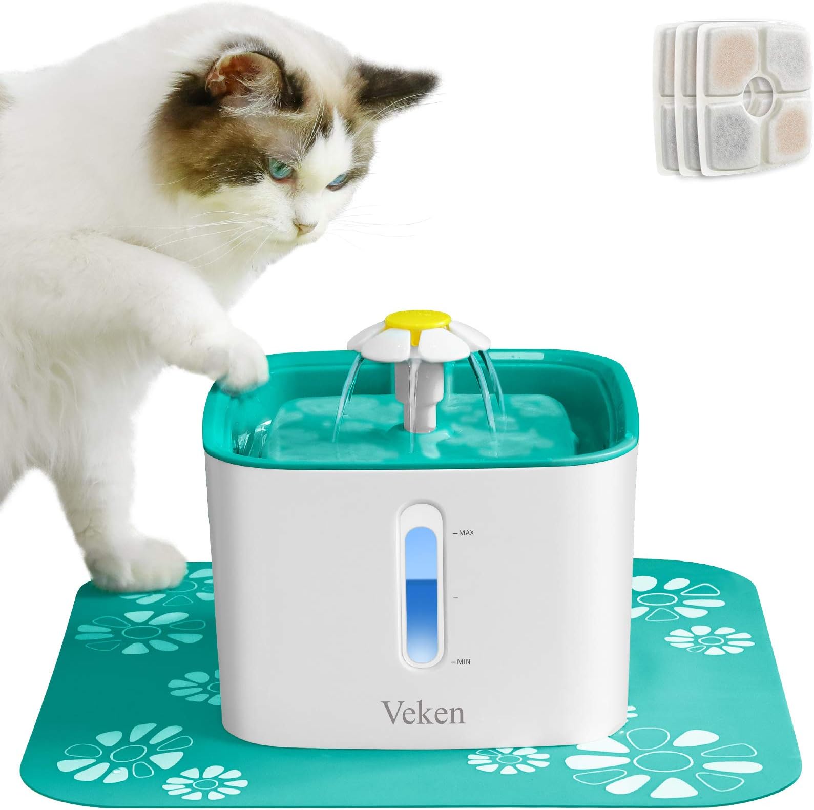 Veken Cat Water Fountain, 84oz Automatic Pet Water Fountain Dog Water Dispenser with 3 Replacement Filters & 1 Silicone Mat for Cats and Small to Medium Dogs (Cyan)