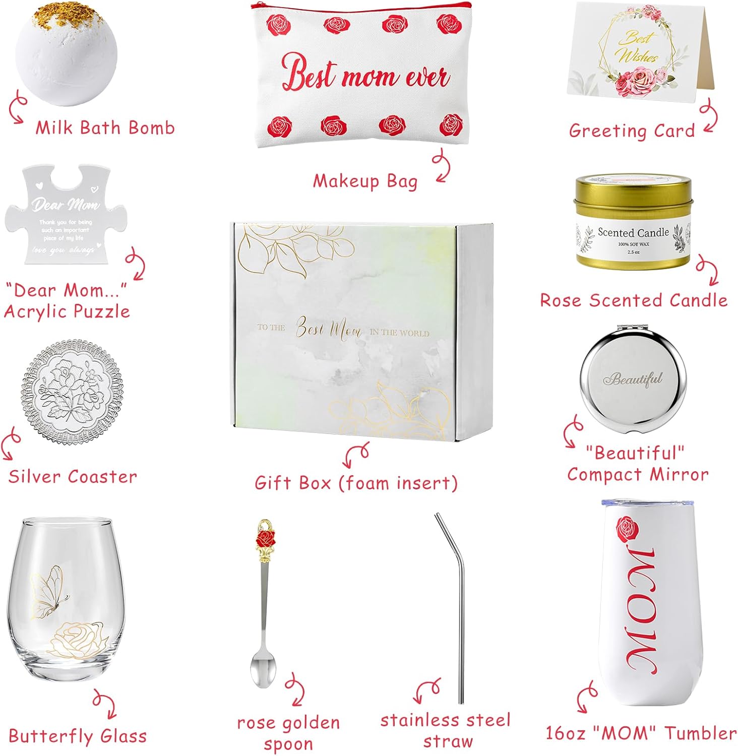 Birthday Gifts for Mom, Elegant Rose Gift Basket for Women, Mothers Day Gifts for Mom from Daughter Son Husband Family, Coffee Mug Glass Drinking Set, Mother's Day, Mom Gift Box - Image 3