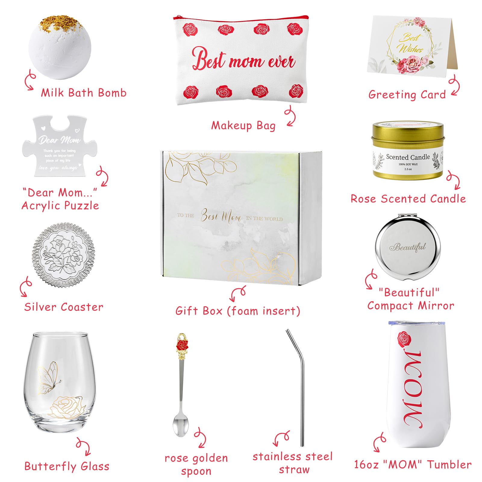 Gifts for Mom, Elegant Rose Gift Basket for Women, Birthday Gifts for Mom from Daughter Son Husband Family, Coffee Mug Glass Drinking Set, Mother's Day, Mom Gift Box