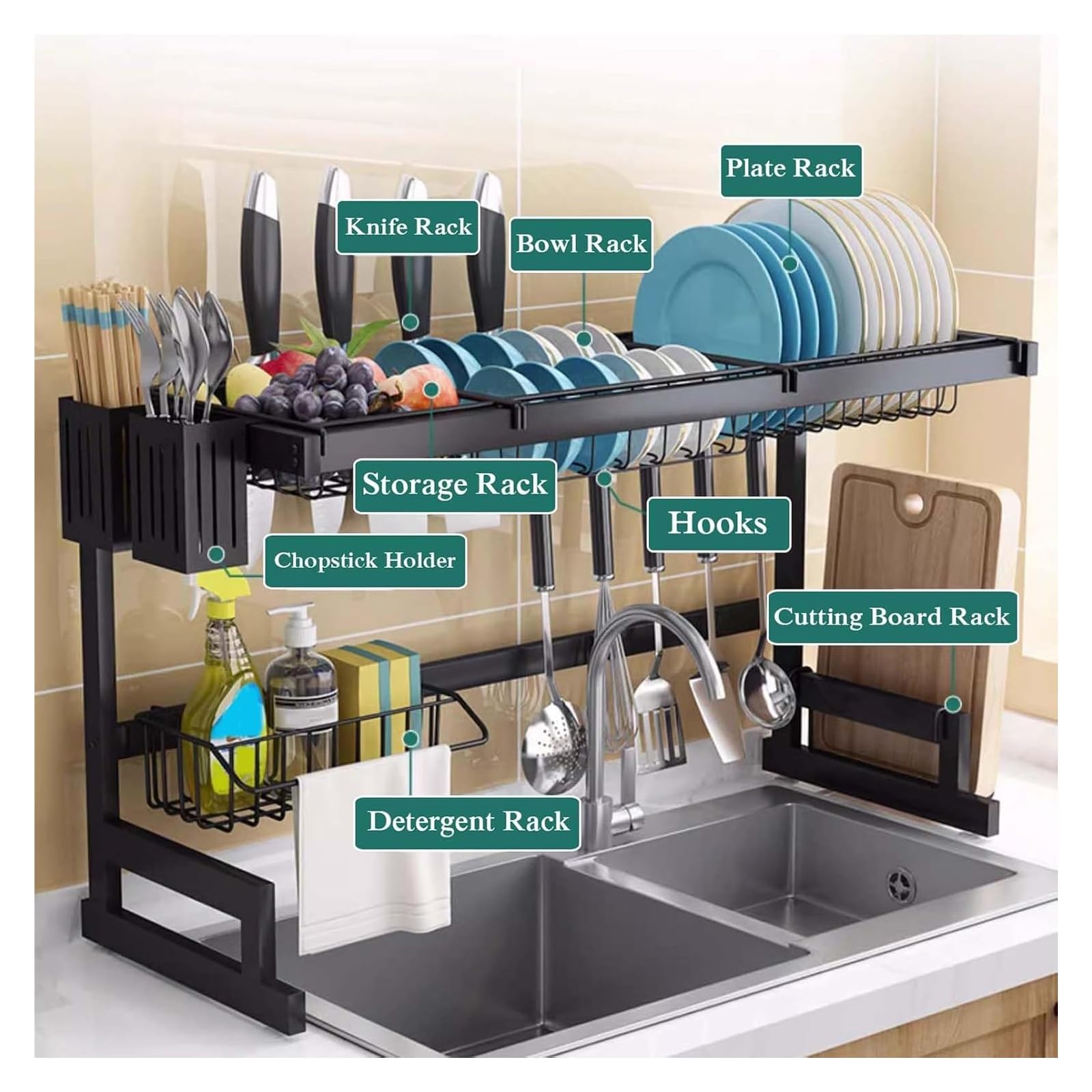 Escurreplatos de Cocina Negro k - 33x12x20 in. Escurreplatos de encimera Que Ahorra Espacio. Diseño Duradero y Elegante para secar y organizar los Utensilios de Cocina de Forma eficiente.
