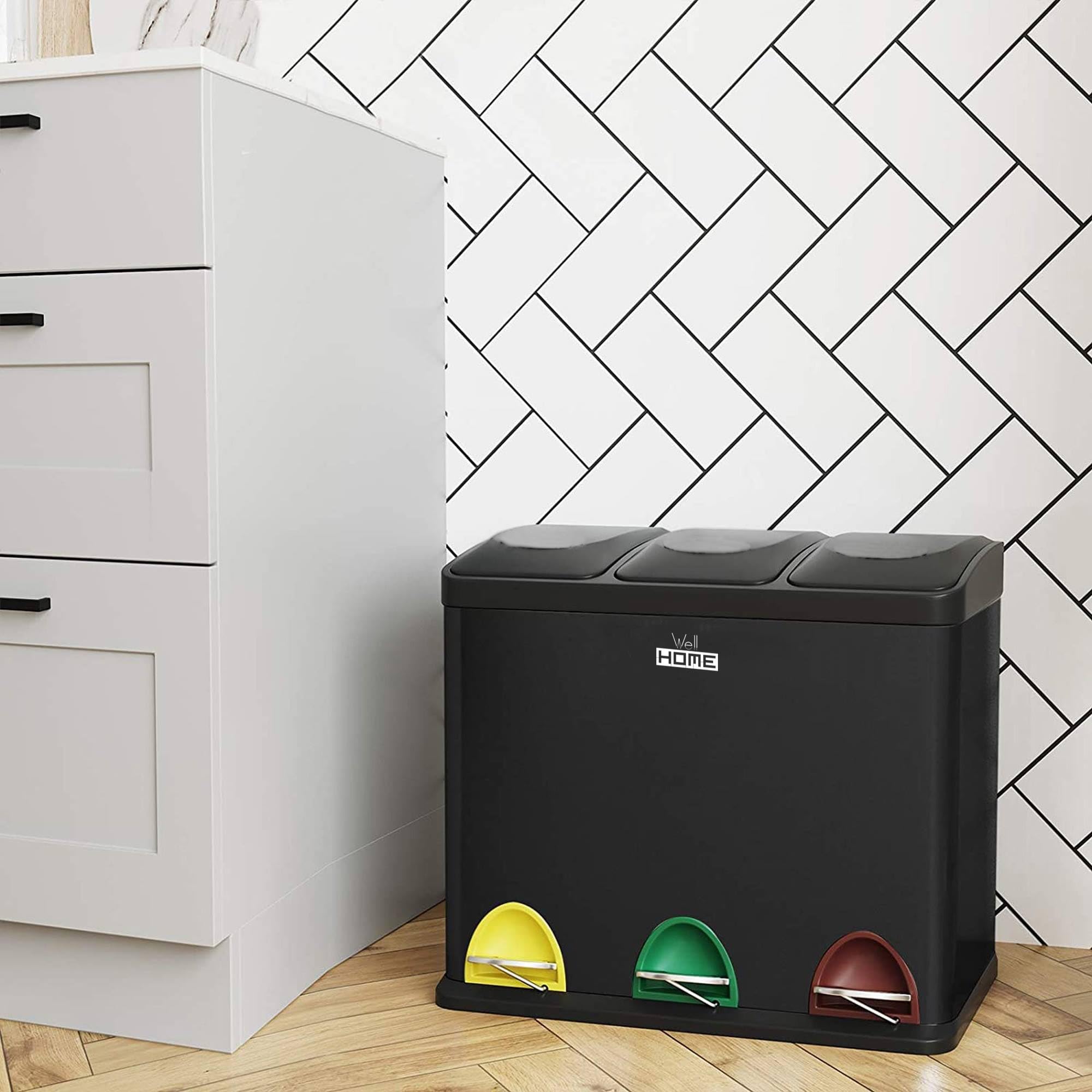 WELL HOME MOBILIARIO & DECORACIÓN Cubo de reciclaje Negro 45L 3 compartimentos + Rollo de 20 bolsas basura autocierre de 20L