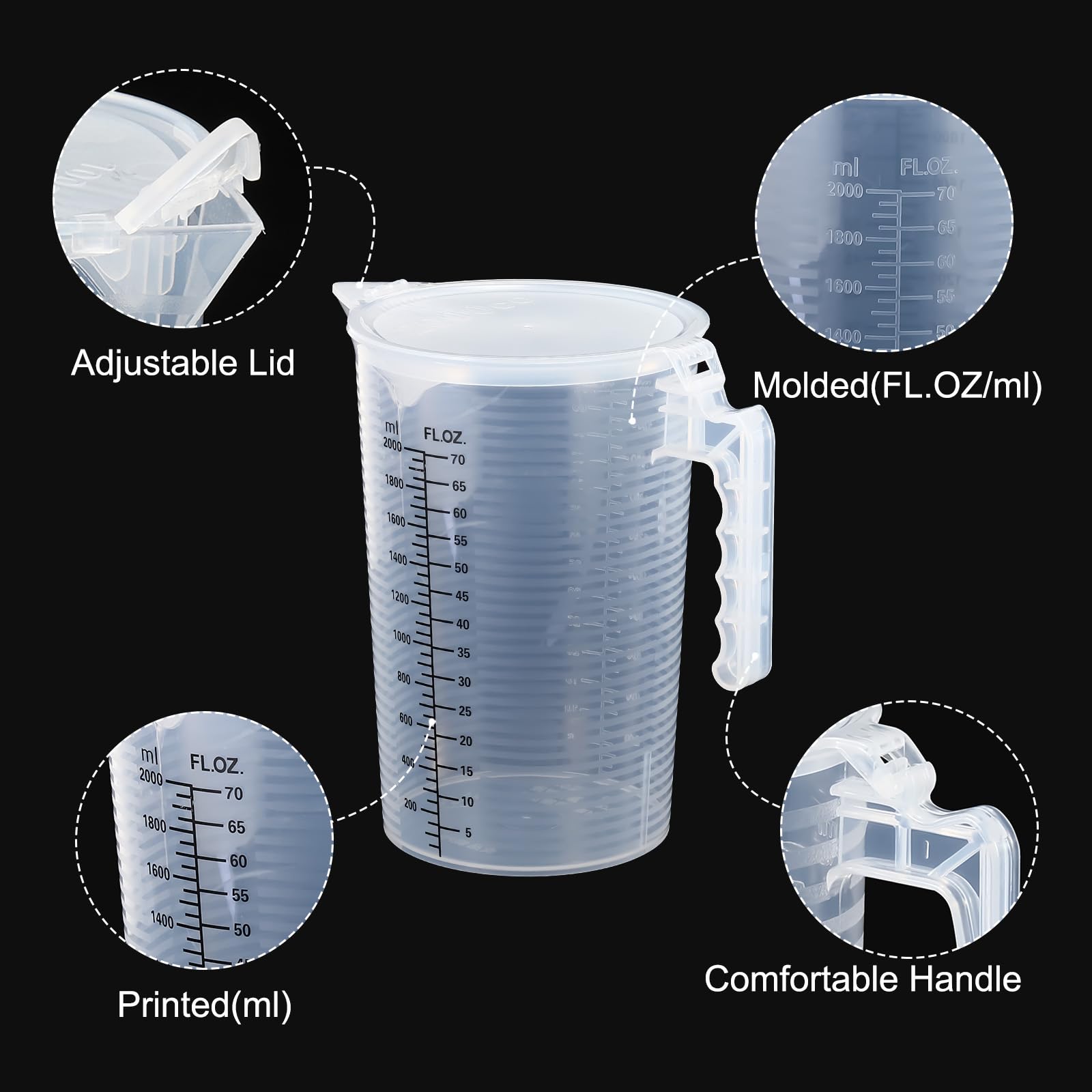 PATIKIL Vaso graduado, vaso medidor de líquido de plástico PP de 2000 ml, graduaciones negras con tapa de mango y boquilla para laboratorio, cocina, hogar