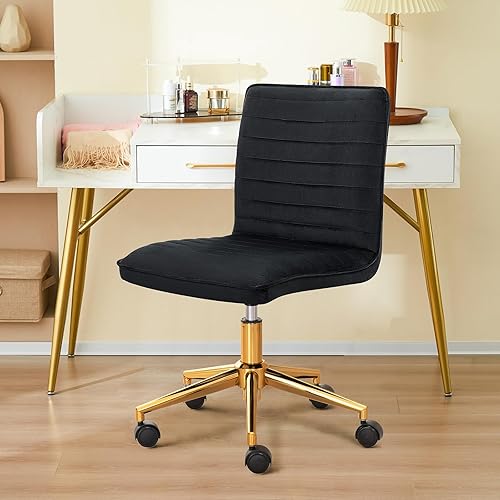 Miniatura 4 de Furnimart Silla moderna tapizada de terciopelo negro para oficina en casa, silla de escritorio sin brazos para computadora, respaldo medio, silla