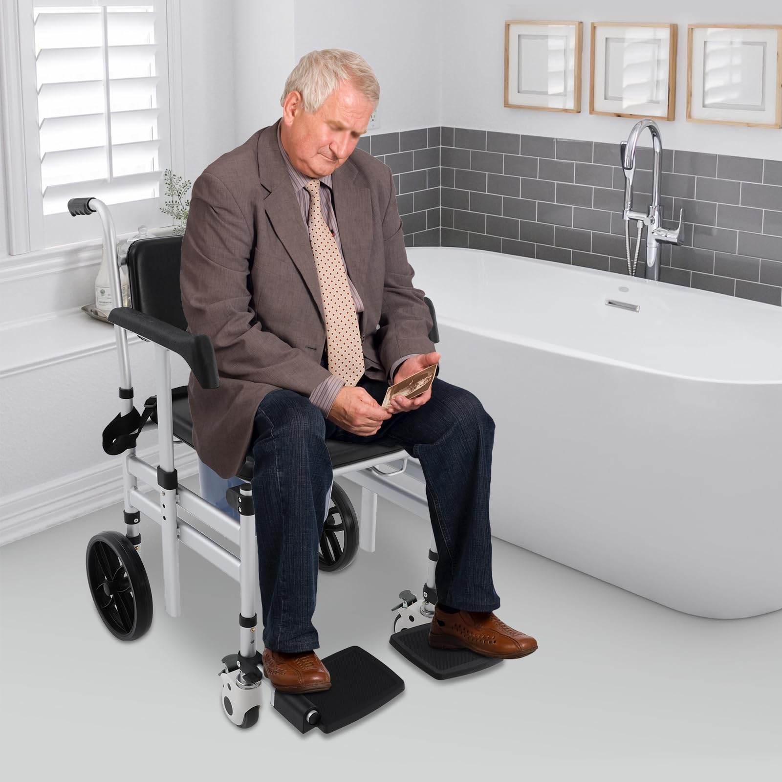 Sedia WC indipendente in alluminio con ruote, portata fino a 150 kg, altezza regolabile 46-51 cm, sedia a rotelle per il bagno, sedia a rotelle per anziani e disabili