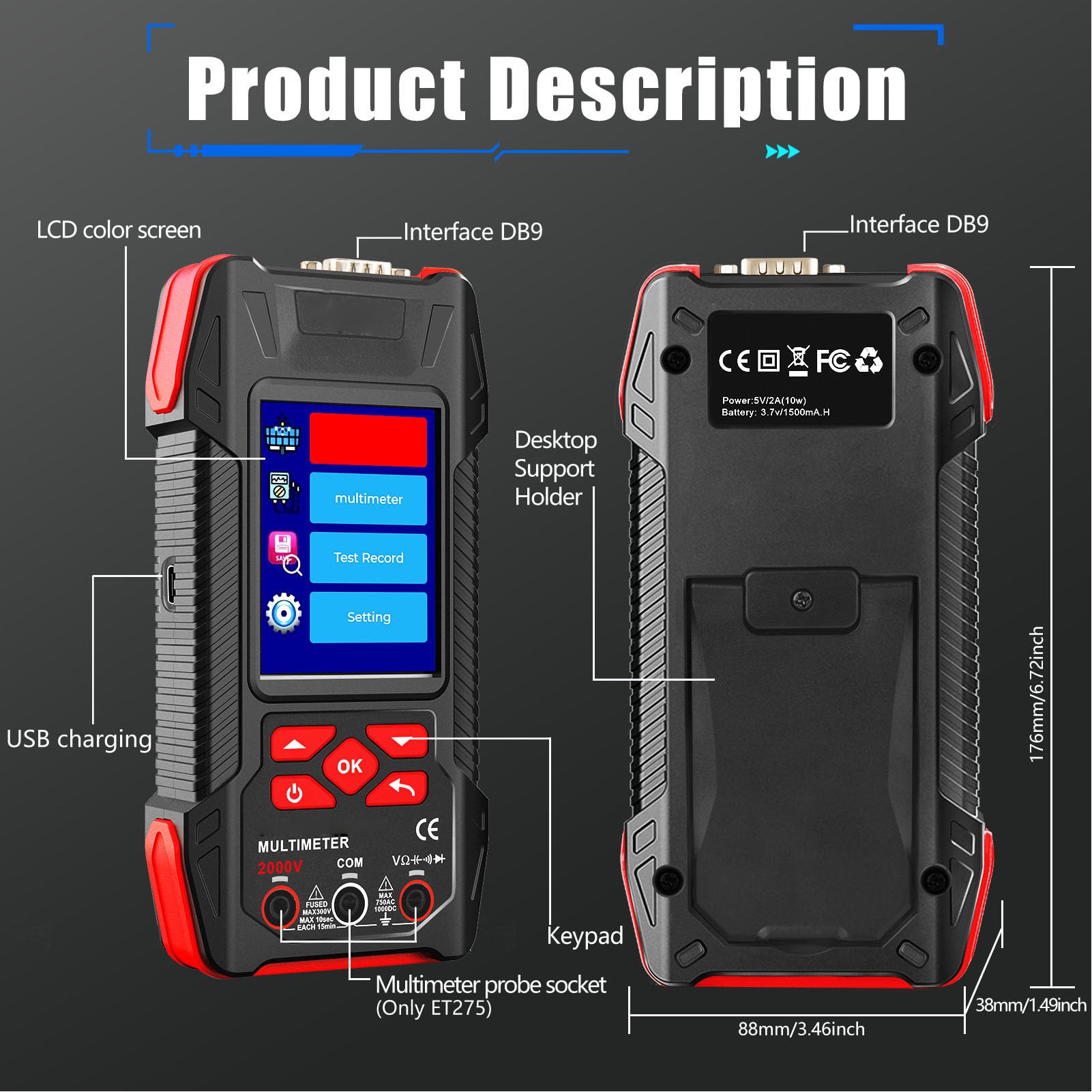 Tester Paneli Słonecznych o Mocy 2000 W Miernik MPPT, Cyfrowy Watomierz o Mocy 60 000 zliczeń, Tester Narzędzi 2 W 1 z Zakresem Wysokiego Napięcia AC DC, Idealny do Pomiaru Napięcia Obwodu