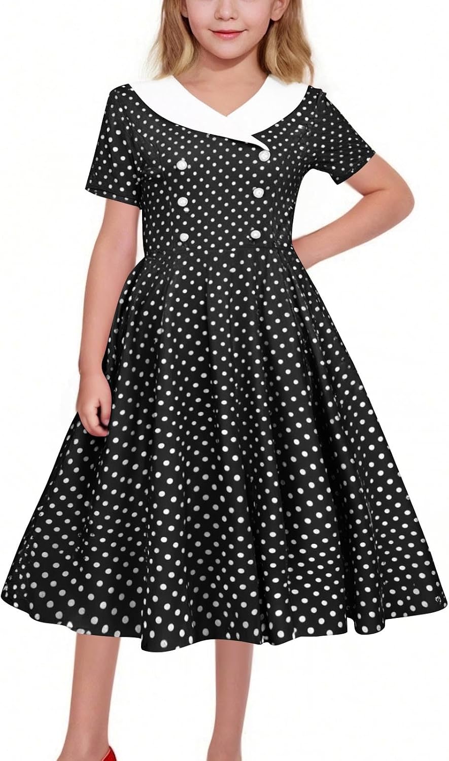 Girls 50s Vintage Dresses Polka Dot Swing Party Dress Lapel Collar Wedding Dress Swing Skater Dresses for Kids
