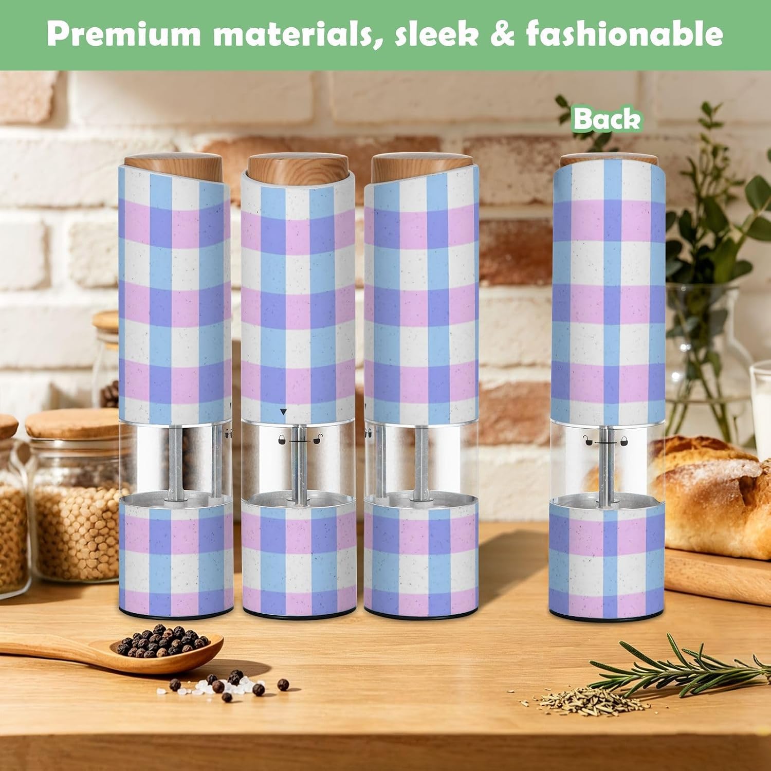 ALAZA Electric Pepper Grinder with Adjustable Coarseness, Pastel Blue Pink Plaid Pattern Battery Automatic Salt and Pepper Mill with Led, One-Handed Operation Spice Grinder for Kitchen, Camping & BBQ