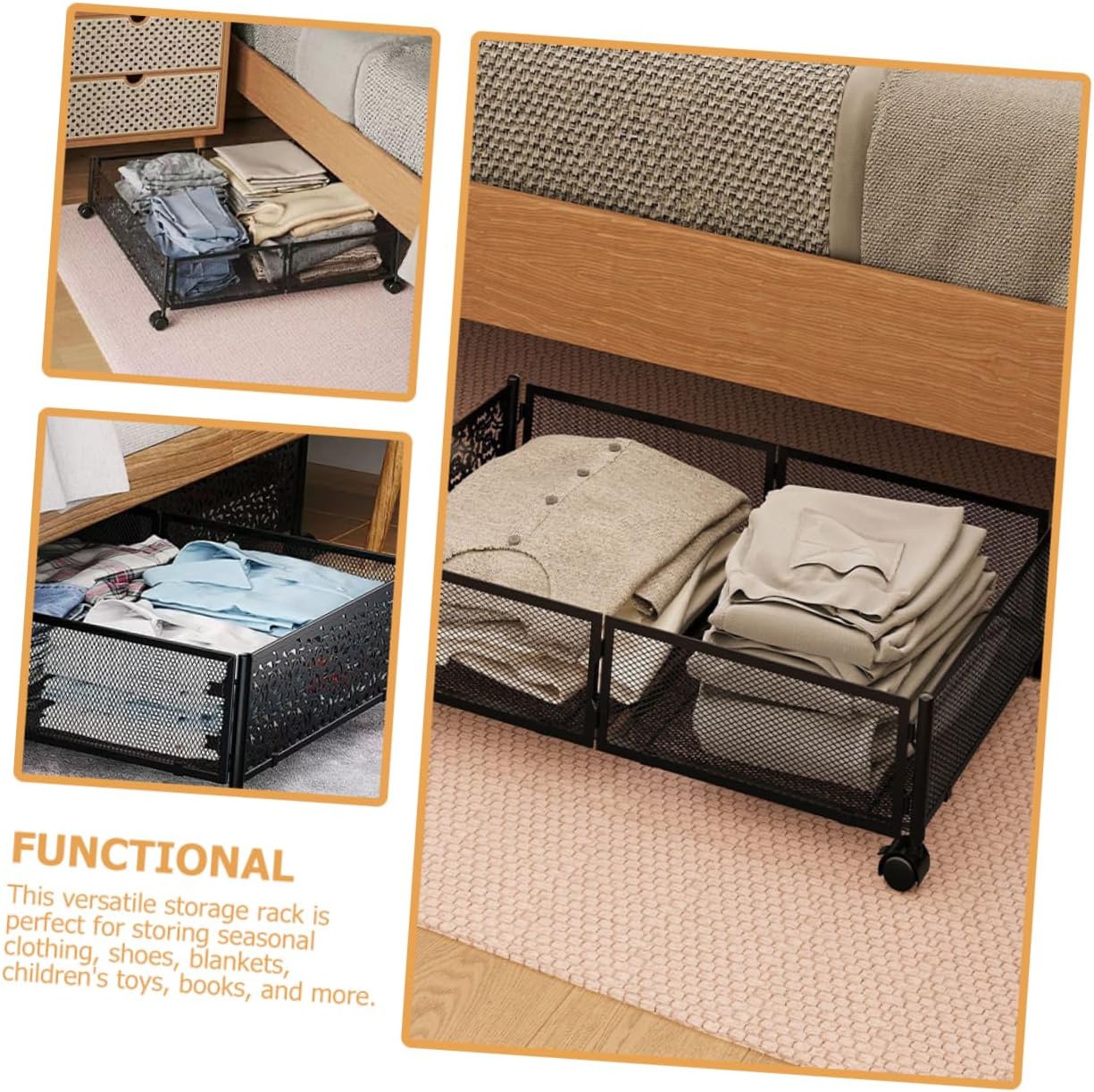 Zerodeko Bed Organizer Stainless Steel Storage Rack Smooth-rolling Wheels for Seasonal Clothing Shoes Blankets and Toys Space-saving for Home Organization