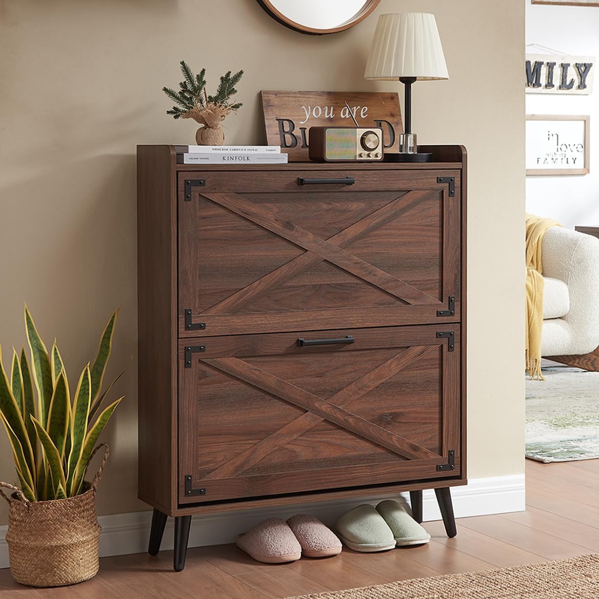 Barnyatoh Farmhouse Shoe Storage Cabinet with 2 Flip Drawers & Barn Door - Slim Hidden Organizer for Entryway, Walnut