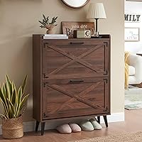 Barnyatoh Farmhouse Shoe Storage Cabinet with 2 Flip Drawers & Barn Door - Slim Hidden Organizer for Entryway, Walnut