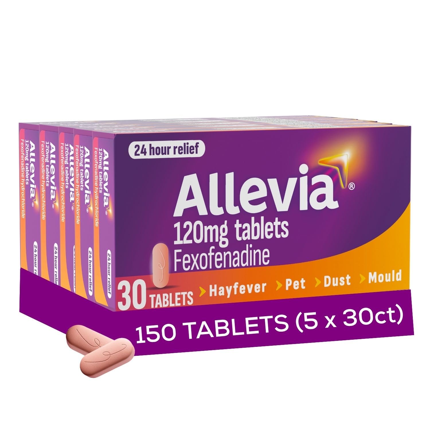 Allevia 120mg Allergy Relief Tablets | 150 cts (5 packs of 30 cts) | 120mg Fexofenadine | 24hr Relief Acts within 1 Hour | Non-drowsy in Most People | Relieves Hayfever, Pet, Dust and Mould Allergies