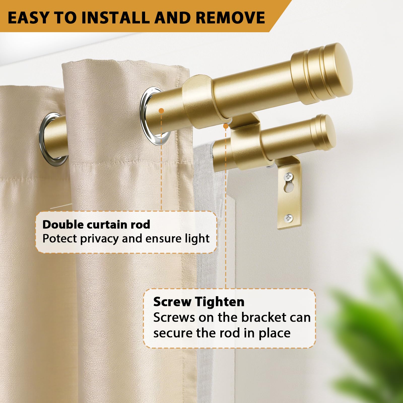 TONIAL Bastone per tende doppie da 1 pollici per finestre da 167 a 300 cm, resistente, decorativo, da 32 a 344 pollici, con terminale classico, oro