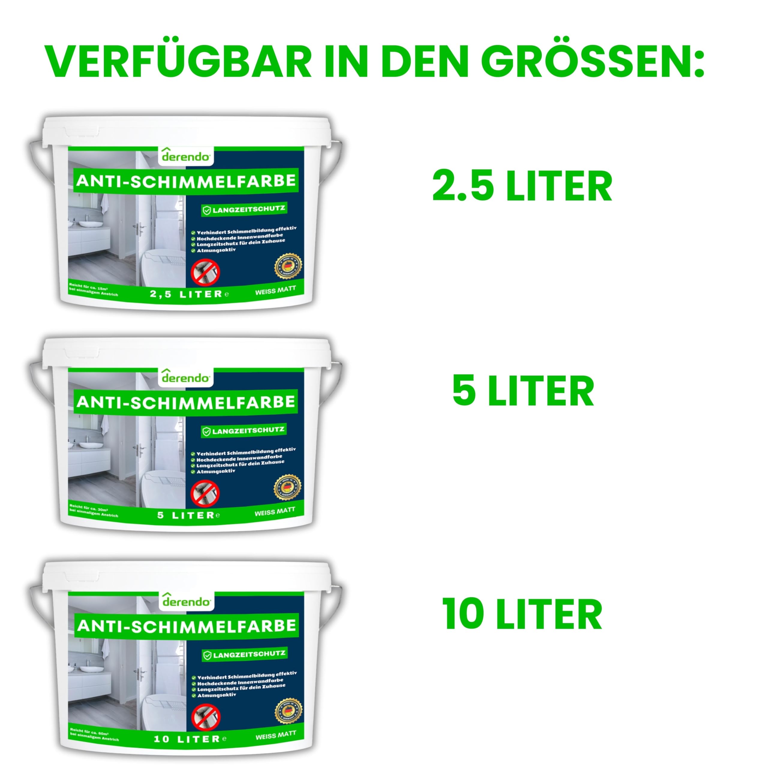 derendo Anti-Schimmelfarbe Weiß 10 L – Wandfarbe gegen Schimmel, Feuchtraumfarbe für Badezimmer, Küche & Schlafzimmer