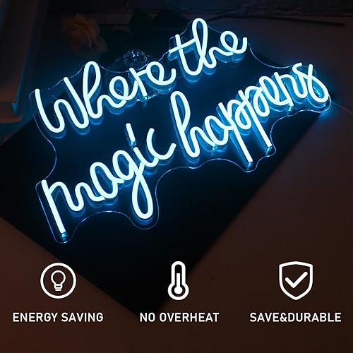 Miniatura 4 de Letrero de neón con texto en inglés "Where The Magic Happens" con luz LED azul hielo para decoración de pared, letras alimentadas por USB, luz de