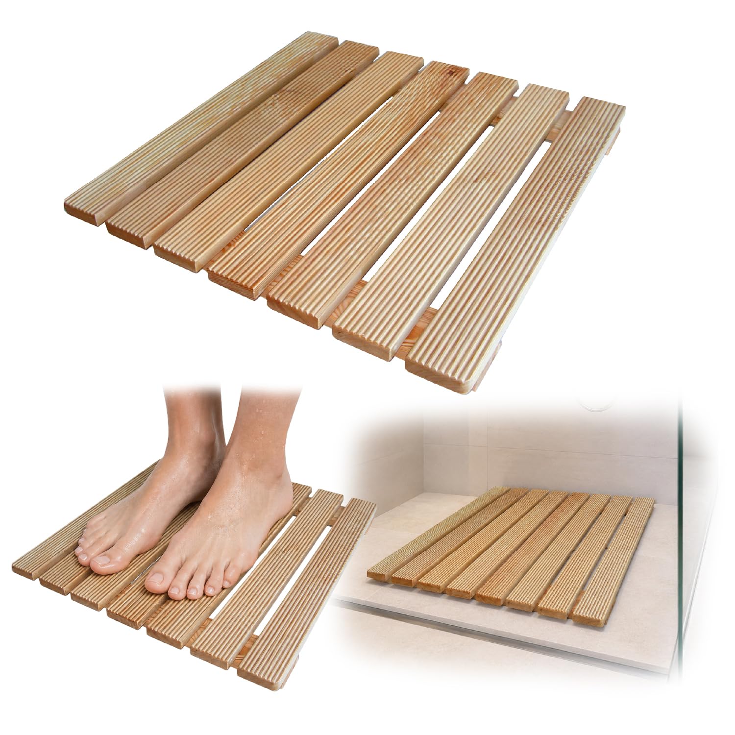 Crisalide® - Pedana Doccia Larice LUXE 60 x 60 cm, in Legno Massello Waterproof, Antiscivolo con Doghe Drenanti e Piedini, Ideale per Piatto Doccia 80 x 80 cm
