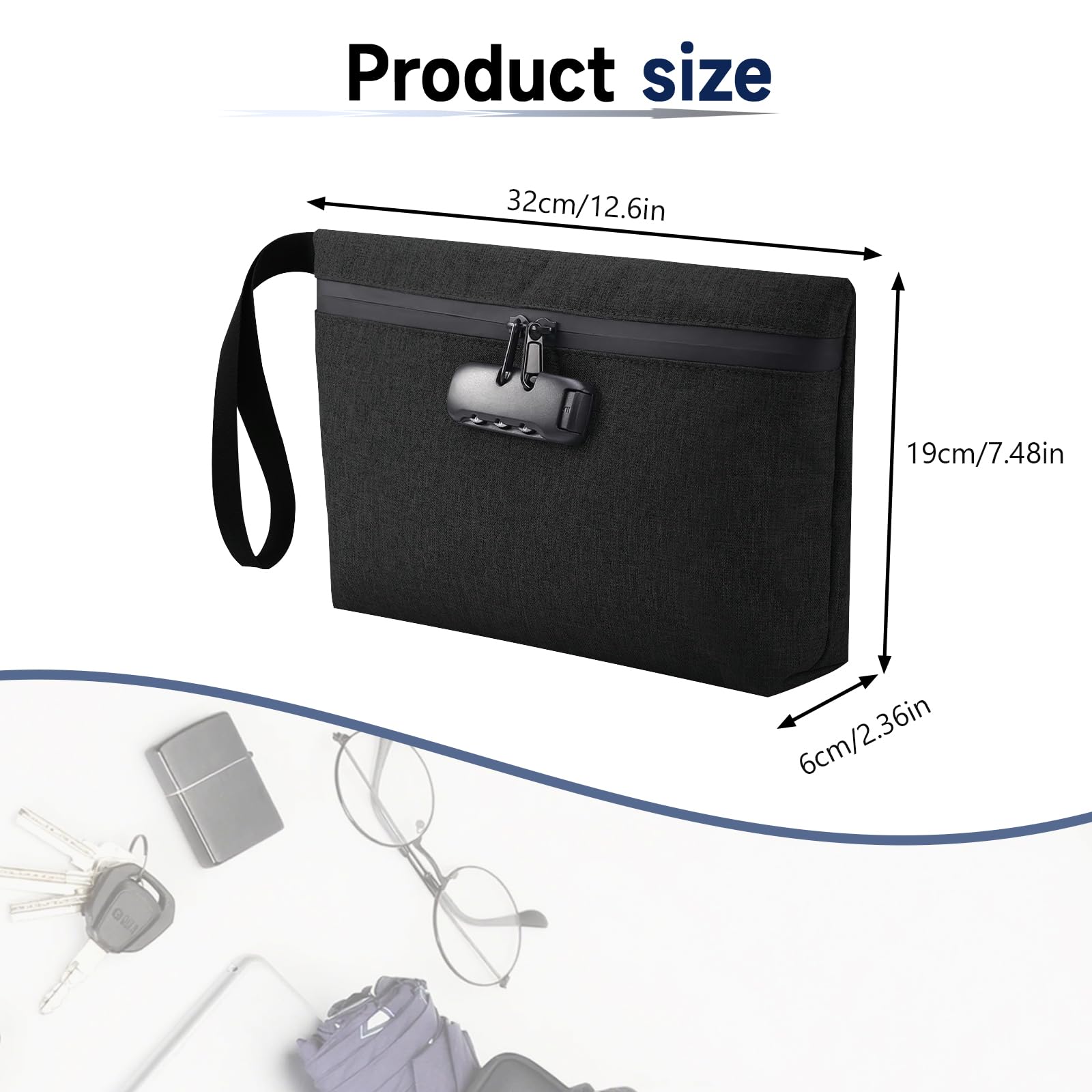 Portafoglio impermeabile 32 x 19 cm, con chiusura a combinazione, fodera in carbonio, custodia a prova di odori, protegge contanti, passaporto, documenti importanti, certificati, nero
