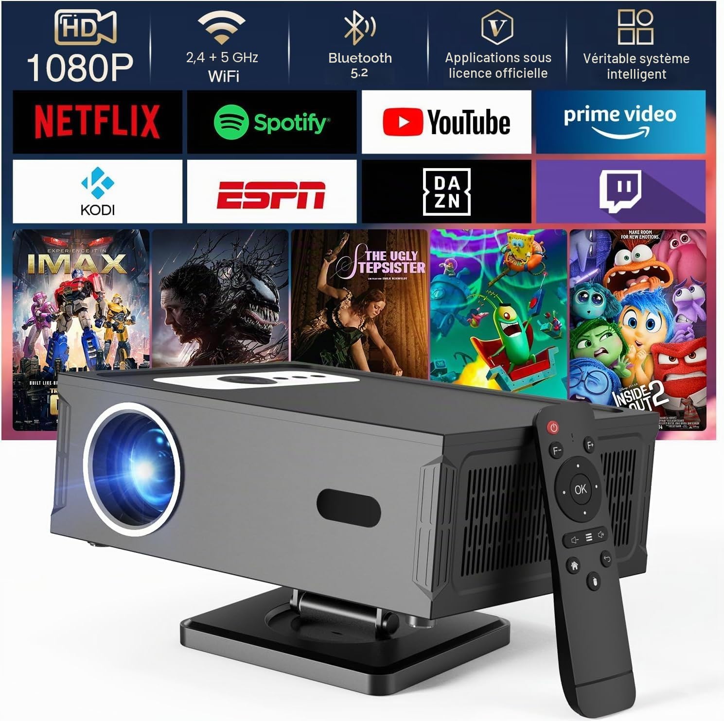 Videoprojecteur Intelligent Applications Intégrées Rétroprojecteur 1080P Natif Supporte 4K WiFi 6 Bluetooth 5.2 Trapézoïdale Automatique Focus Électronique pour Android iOS HDMI