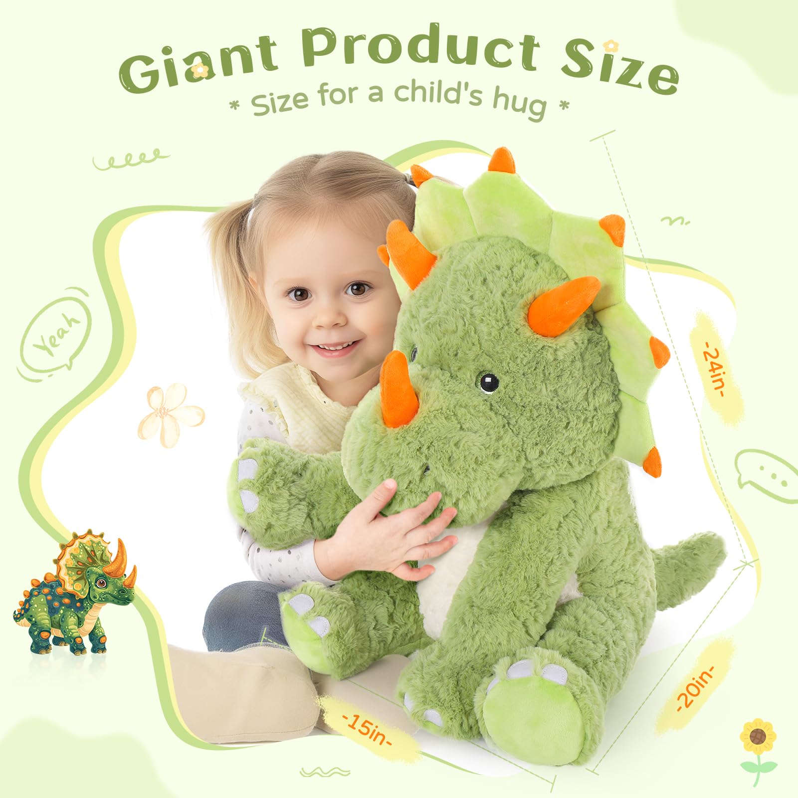 Tezituor 61 cm grüne Dinosaurier-Stofftiere, große gefüllte Dinosaurier-Triceratops-Plüschtiere, Umarmung, weiches Dinosaurier-Plüschkissen für Kinder und Erwachsene