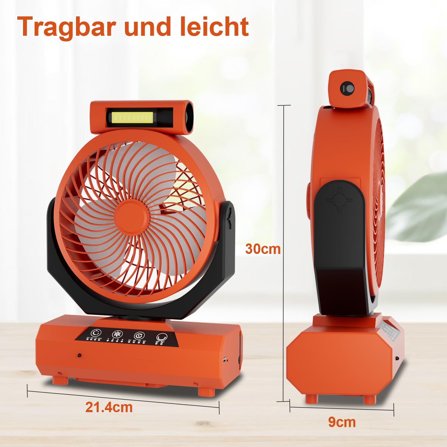 Ventilatore da campeggio con gancio e lanterna a LED, portatile, 20000 mAh, 2 in 1, orientabile a 270°, 3 velocità, ventilatore USB per campeggio, picnic, ufficio, camera da letto (arancione)