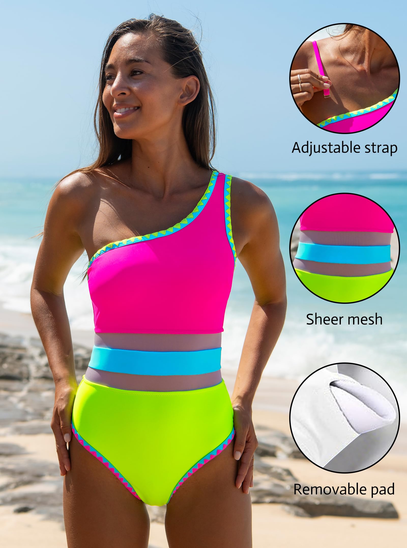 popvil Costumi da bagno sexy monospalla di un pezzo costumi da bagno da donna neon blocchi di colore dimagrante costumi da bagno in